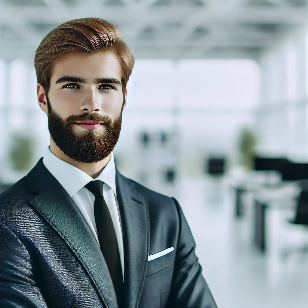 Gründer verantwortlich für Logisitk und Onlineshop mit grauem Anzug und Vollbart